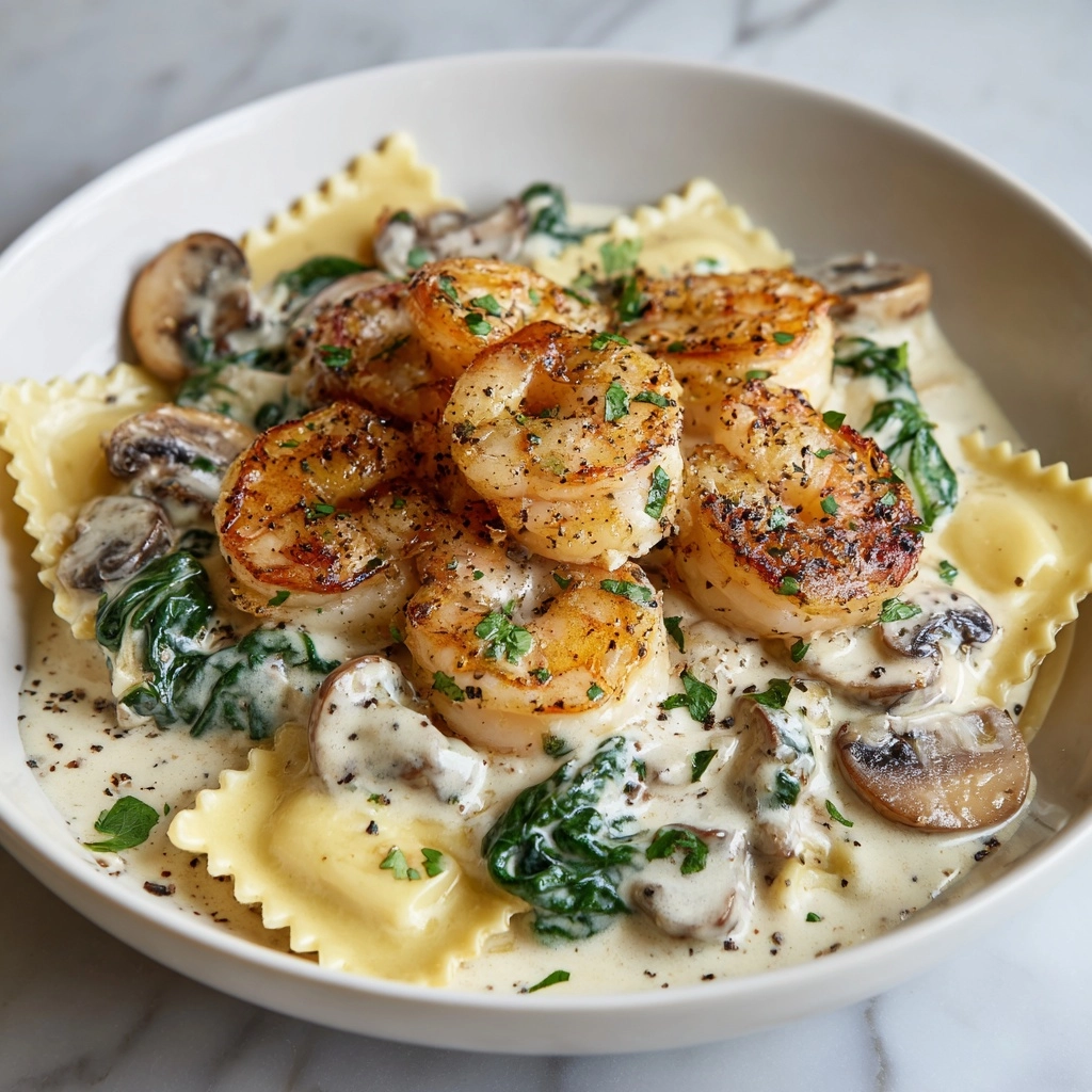 Ravioli with Seafood, Spinach & Mushrooms in Garlic Cream Sauce Recipe - Recipe Image