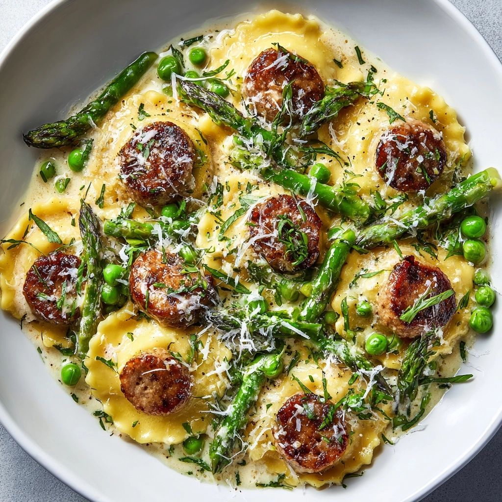 Asparagus Ravioli with Sausage and Peas Recipe - Recipe Image