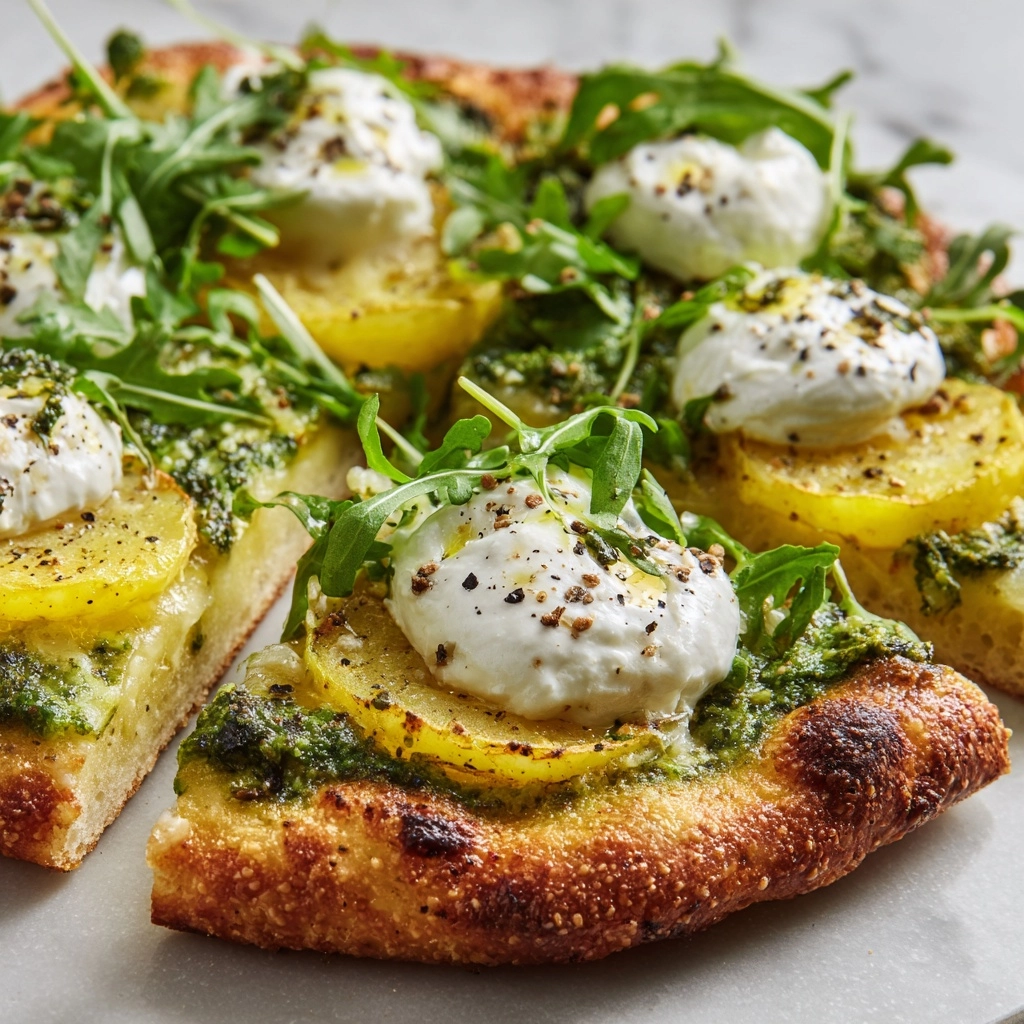 Artichoke Pesto and Burrata Pizza with Lemony Arugula Recipe - Recipe Image