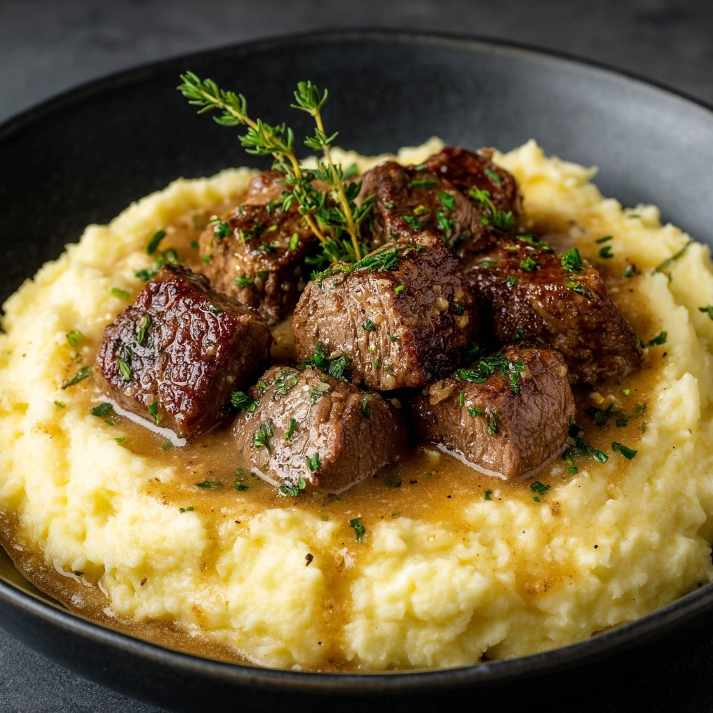 Garlic Butter Steak Bites and Mash Recipe - Recipe Image