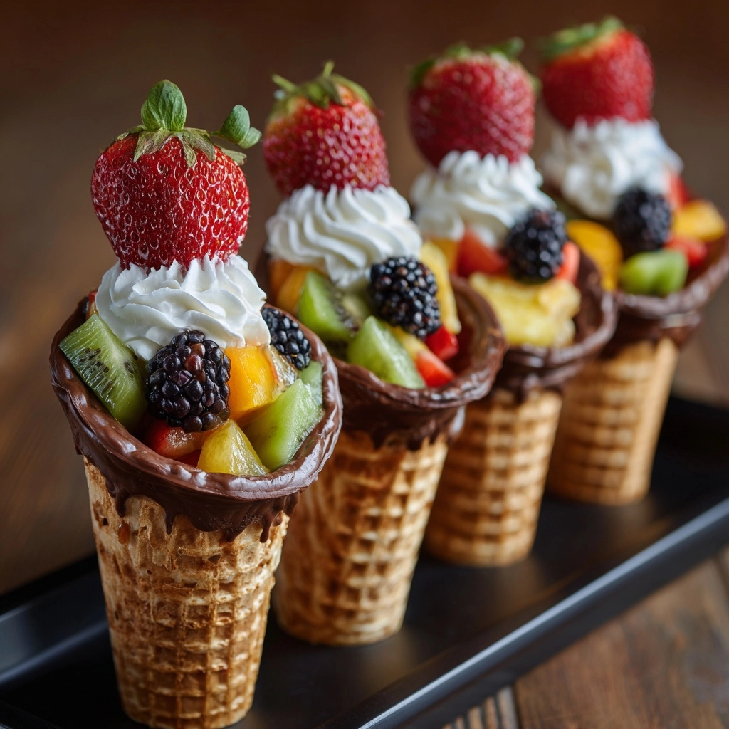 Chocolate Dipped Fruit Filled Cones Recipe - Recipe Image