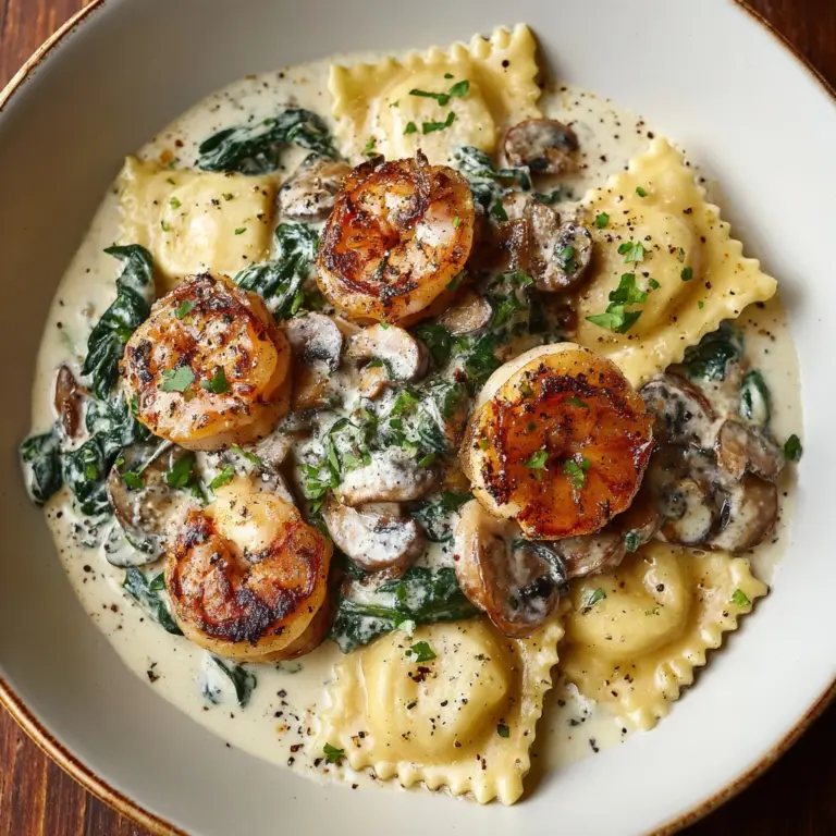 Ravioli with Seafood, Spinach & Mushrooms in Garlic Cream Sauce Recipe