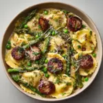 Asparagus Ravioli with Sausage and Peas Recipe