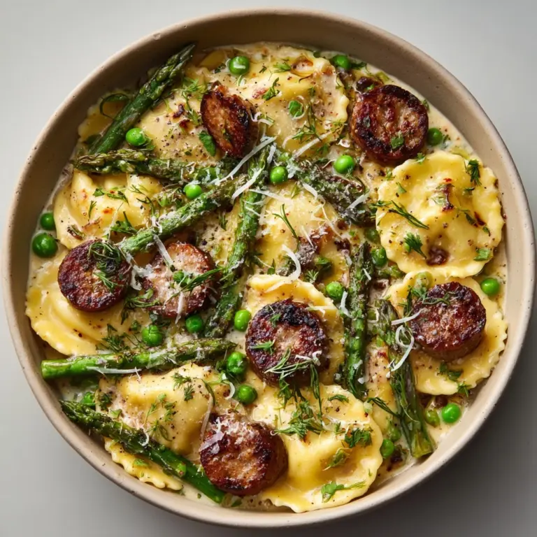 Asparagus Ravioli with Sausage and Peas Recipe