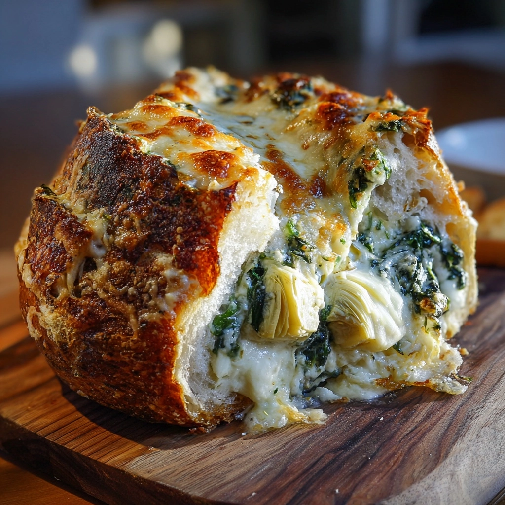 Spinach Artichoke Dip Bread Boat Recipe - Recipe Image