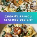 Ravioli with Seafood, Spinach & Mushrooms in Garlic Cream Sauce Recipe