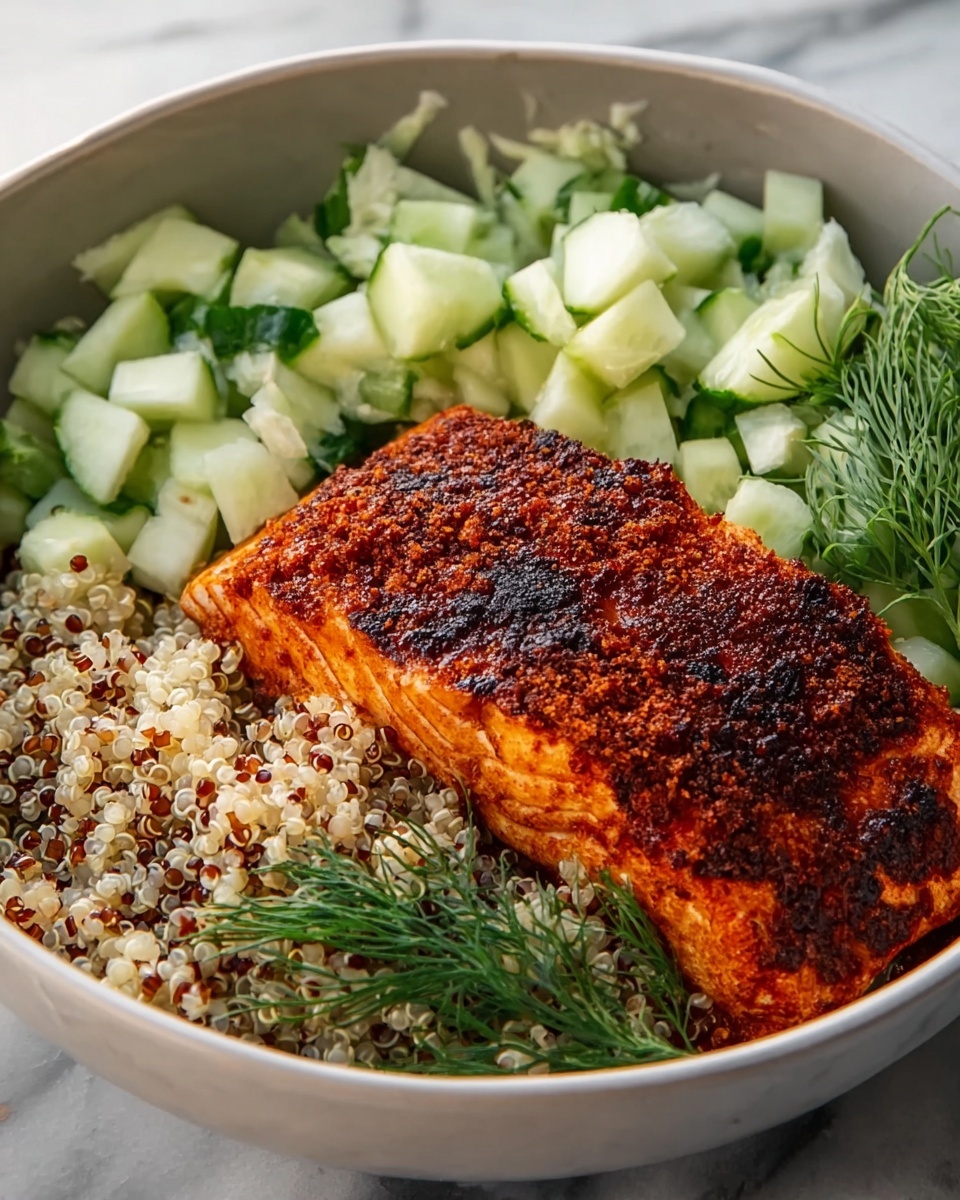 Spiced Salmon Bowl with Quinoa and Cucumber-Dill Salad Recipe - Recipe Image