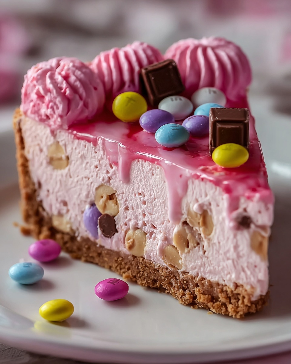 Pink M&M Snickers Cheesecake Recipe - Recipe Image