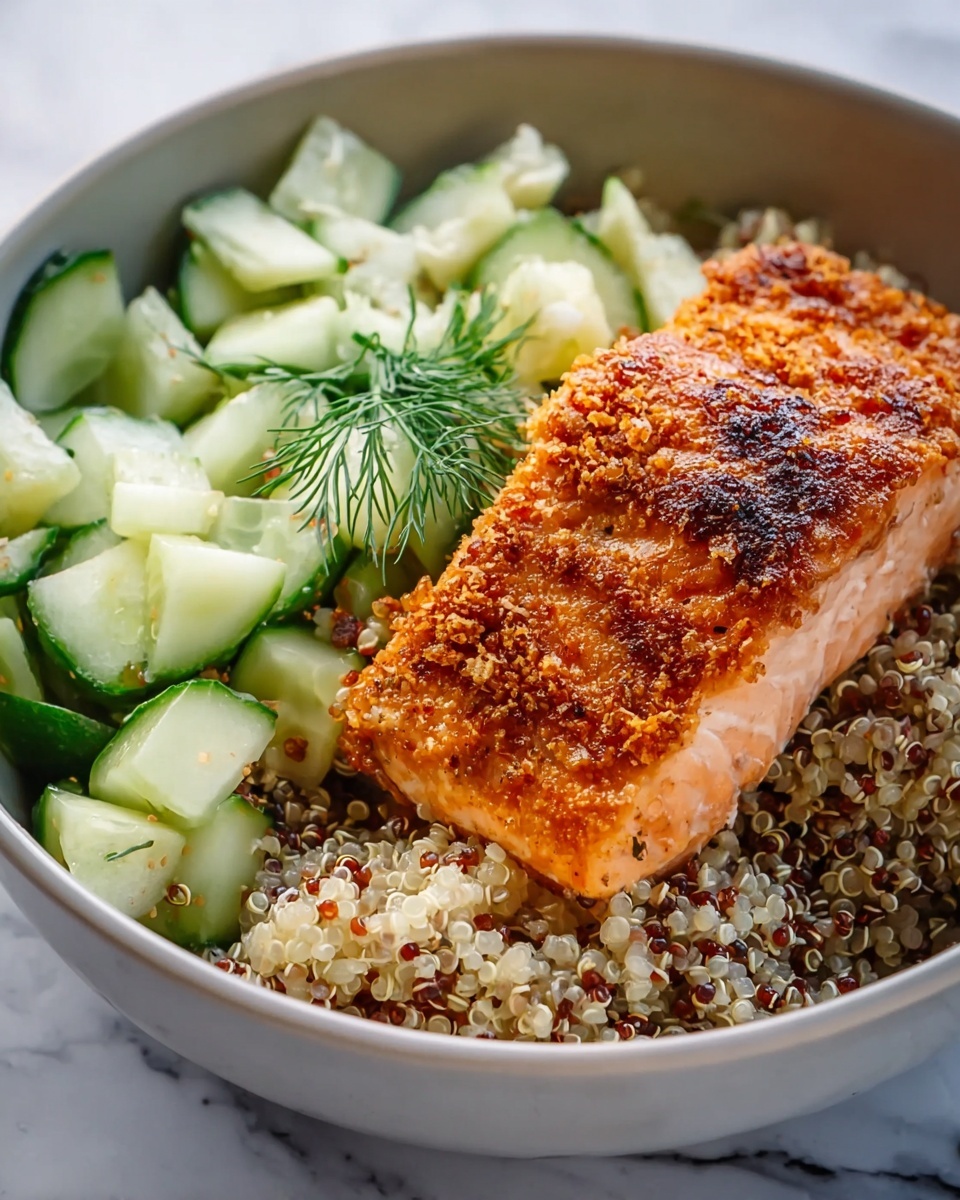 Spiced Salmon Bowl with Quinoa and Cucumber-Dill Salad Recipe - Recipe Image