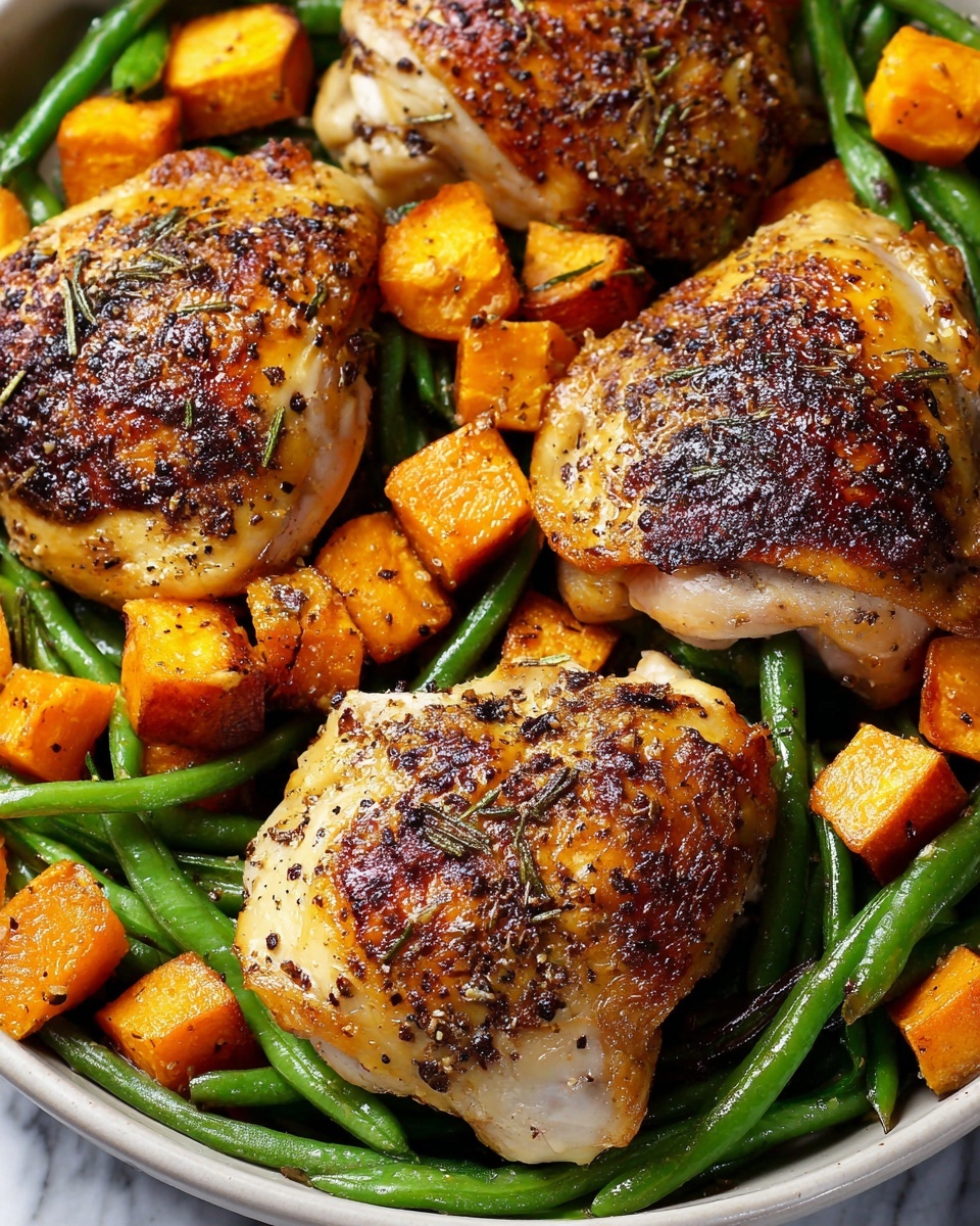 One Pan Maple Mustard Chicken with Roasted Sweet Potatoes and Green Beans Recipe - Recipe Image