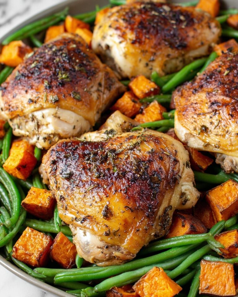 One Pan Maple Mustard Chicken with Roasted Sweet Potatoes and Green Beans Recipe