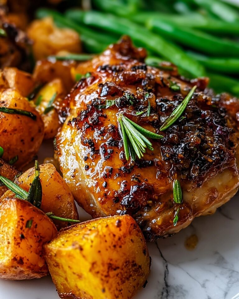 Honey Garlic Chicken with Roasted Sweet Potatoes and Green Beans Recipe