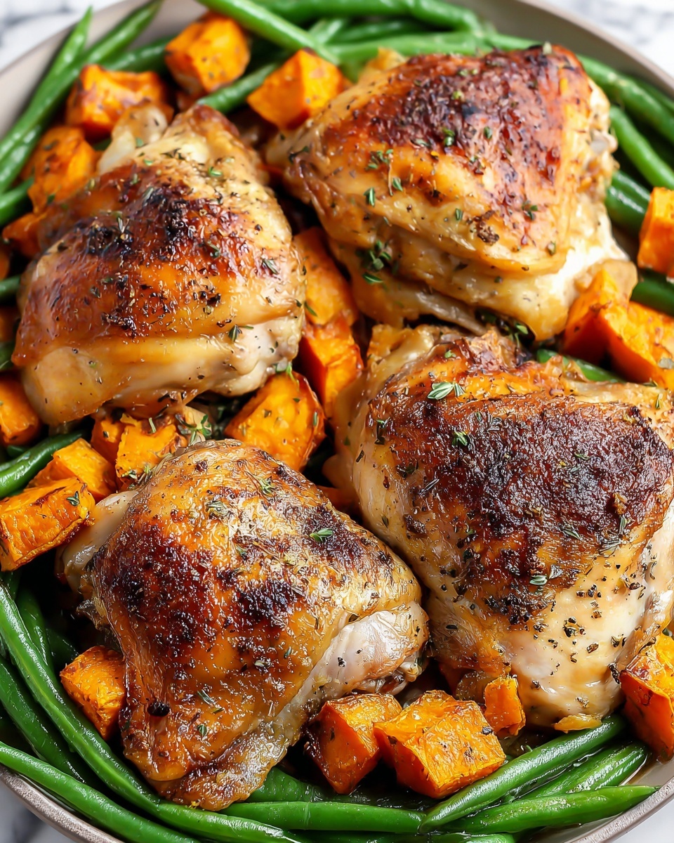 One Pan Maple Mustard Chicken with Roasted Sweet Potatoes and Green Beans Recipe - Recipe Image