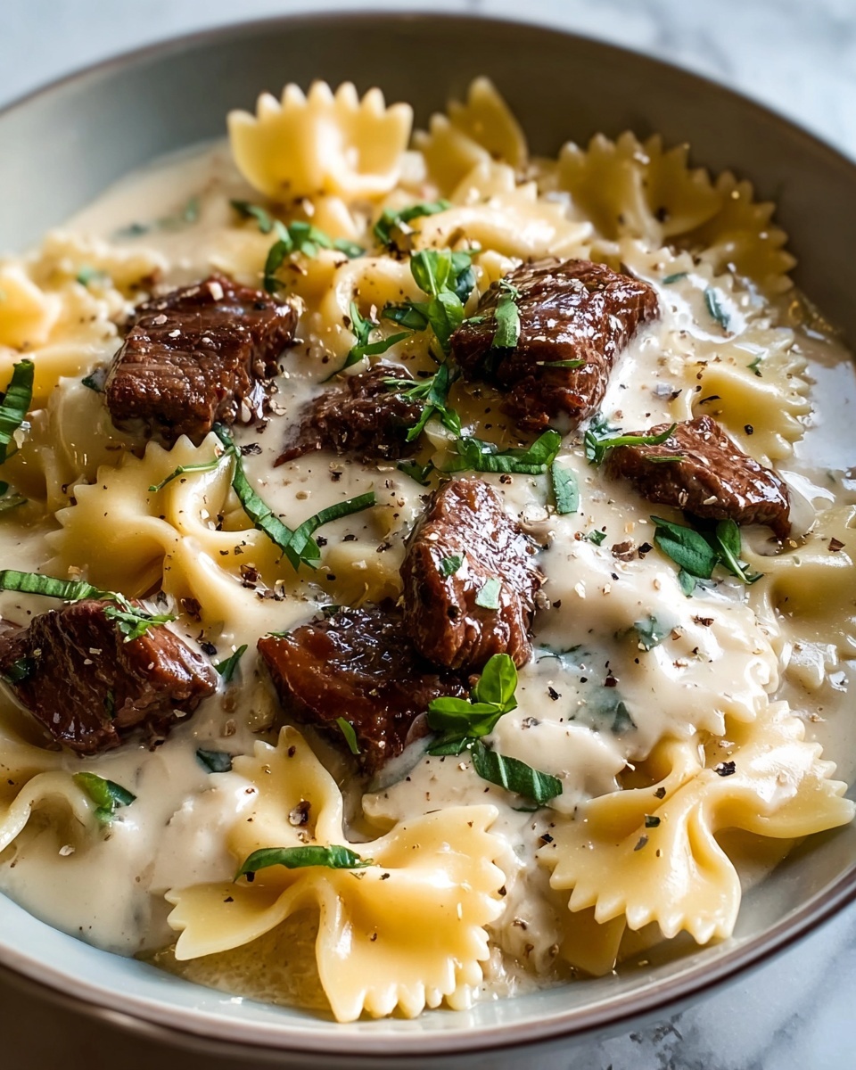 Beef and Bowtie Pasta with Creamy Alfredo Sauce Recipe - Recipe Image