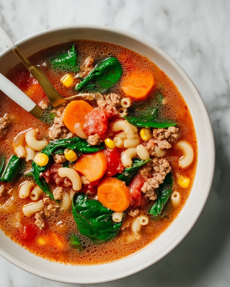 Hearty Macaroni Soup with Ground Beef, Tomatoes, and Spinach Recipe - Recipe Image