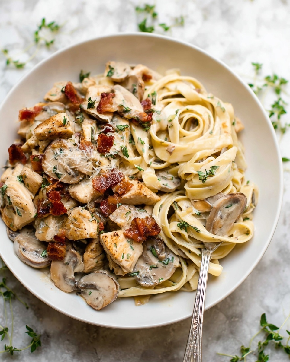 Creamy Balsamic Chicken Bacon Mushroom Pasta Recipe - Recipe Image