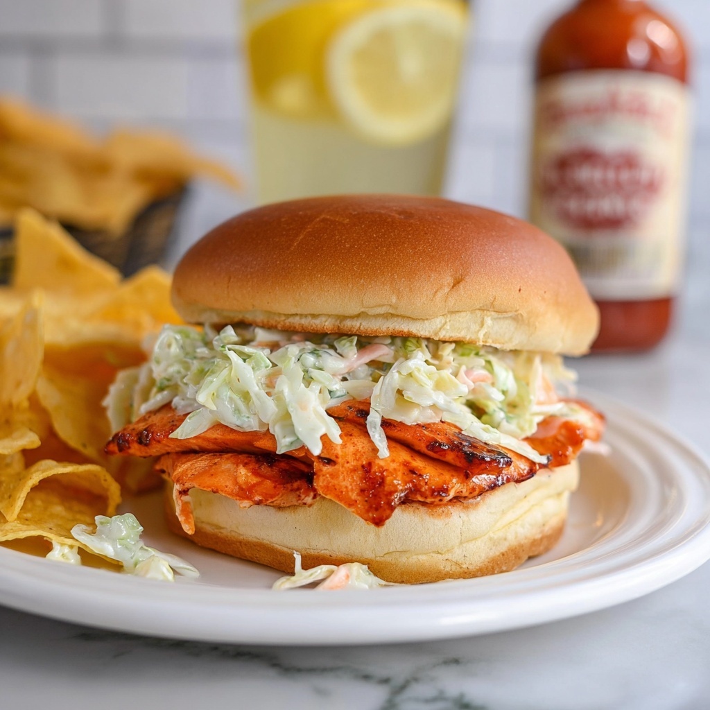 Grilled Buffalo Chicken Sandwich with Blue Cheese Coleslaw Recipe - Recipe Image
