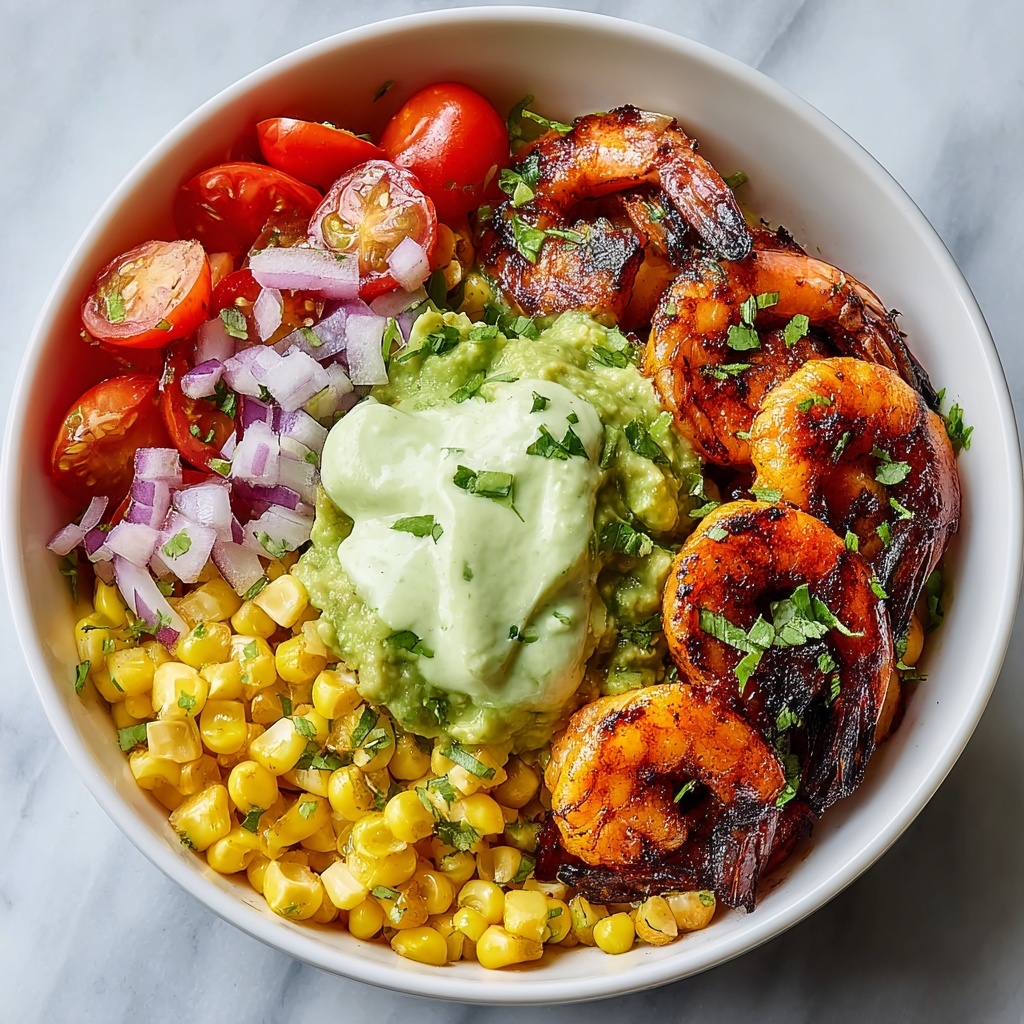 Grilled Shrimp Bowl with Avocado Corn Salsa & Creamy Garlic Sauce Recipe - Recipe Image