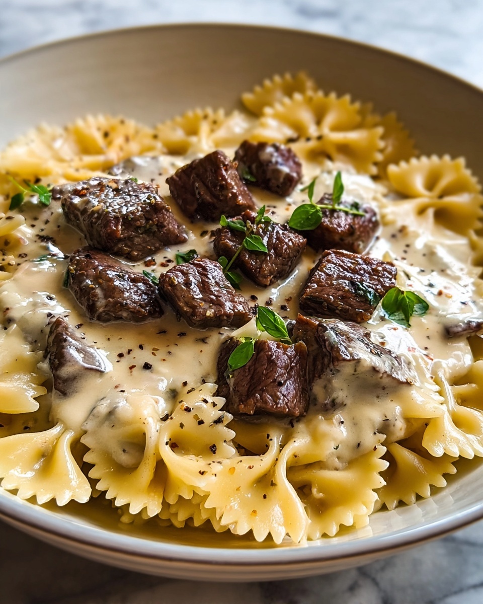 Beef and Bowtie Pasta with Creamy Alfredo Sauce Recipe - Recipe Image