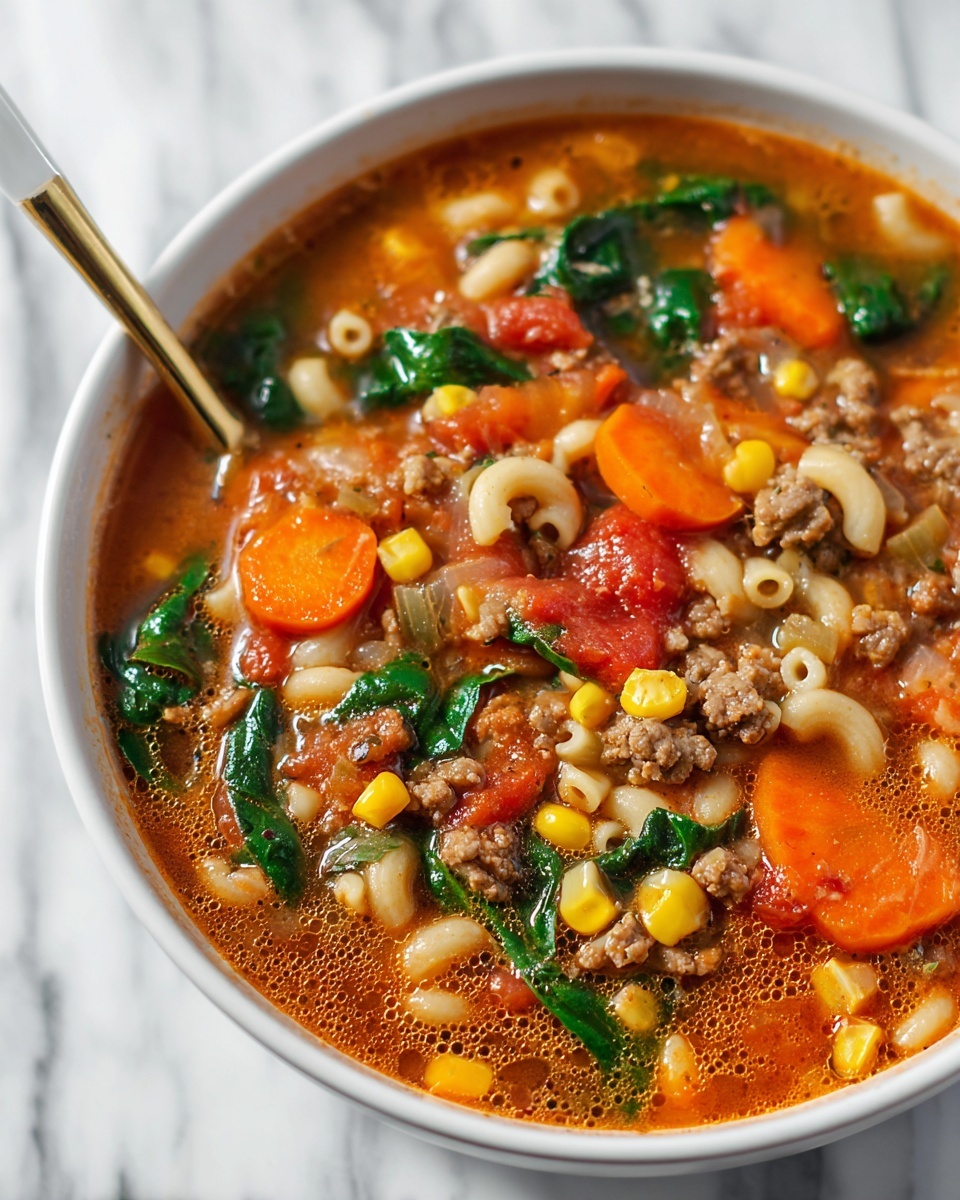 Hearty Macaroni Soup with Ground Beef, Tomatoes, and Spinach Recipe - Recipe Image