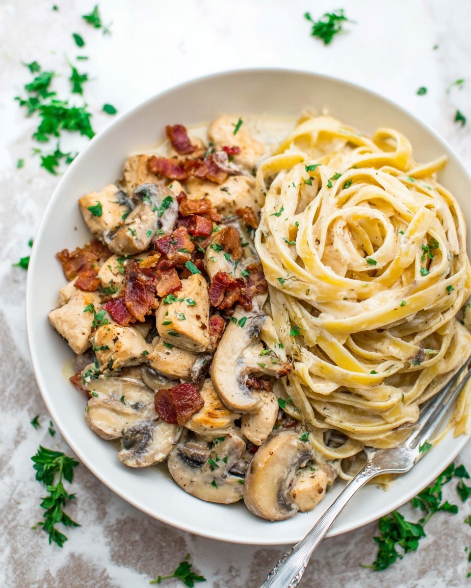 Creamy Balsamic Chicken Bacon Mushroom Pasta Recipe - Recipe Image