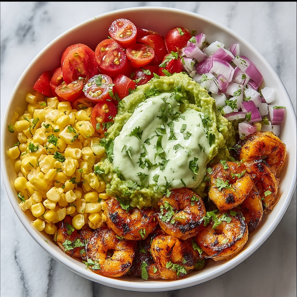 Grilled Shrimp Bowl with Avocado Corn Salsa & Creamy Garlic Sauce Recipe - Recipe Image