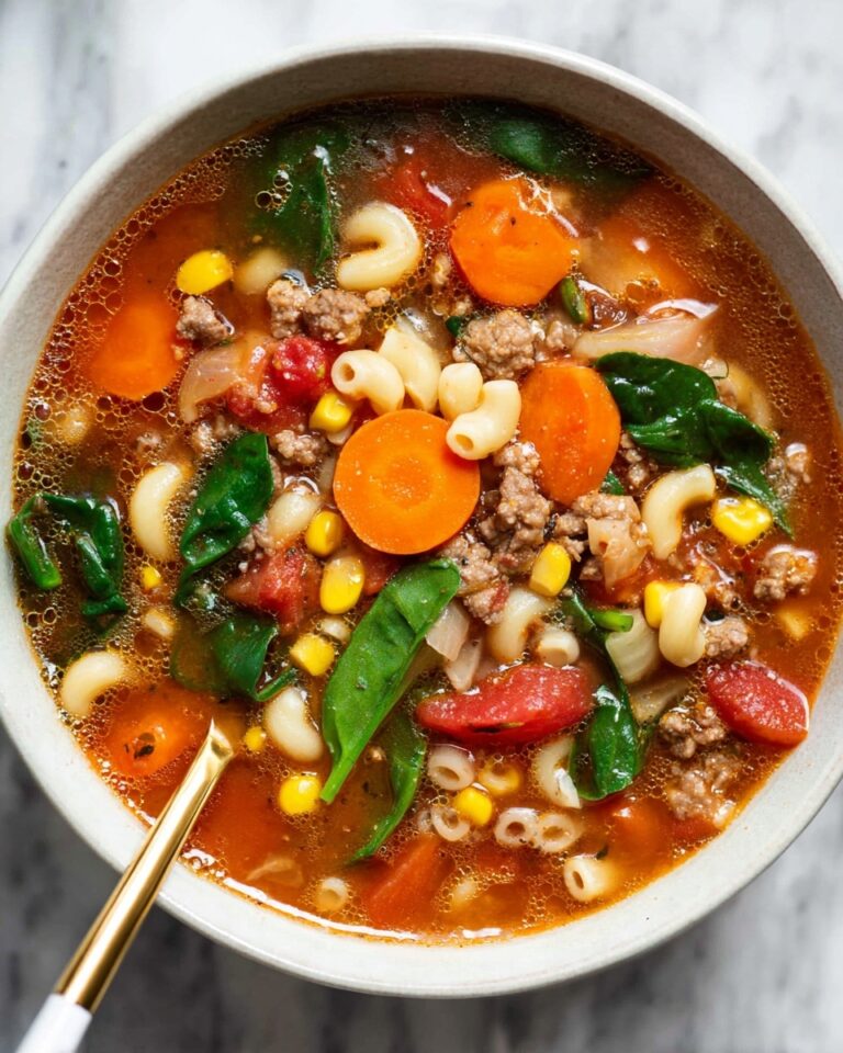 Hearty Macaroni Soup with Ground Beef, Tomatoes, and Spinach Recipe