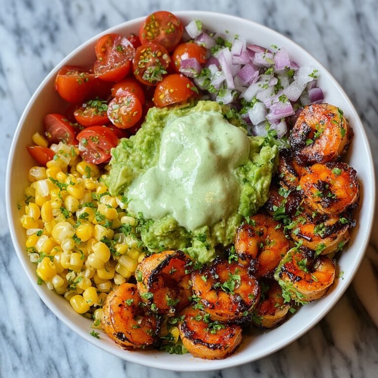 Grilled Shrimp Bowl with Avocado Corn Salsa & Creamy Garlic Sauce Recipe