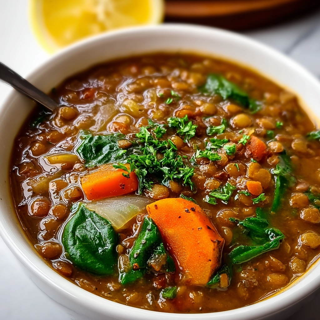 Vegetarian Lentil Soup with Spices, Vegetables, and Fresh Greens Recipe - Recipe Image