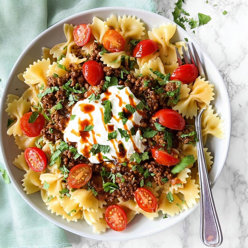 Turkish Pasta with Spiced Ground Meat and Yogurt Sauce Recipe - Recipe Image