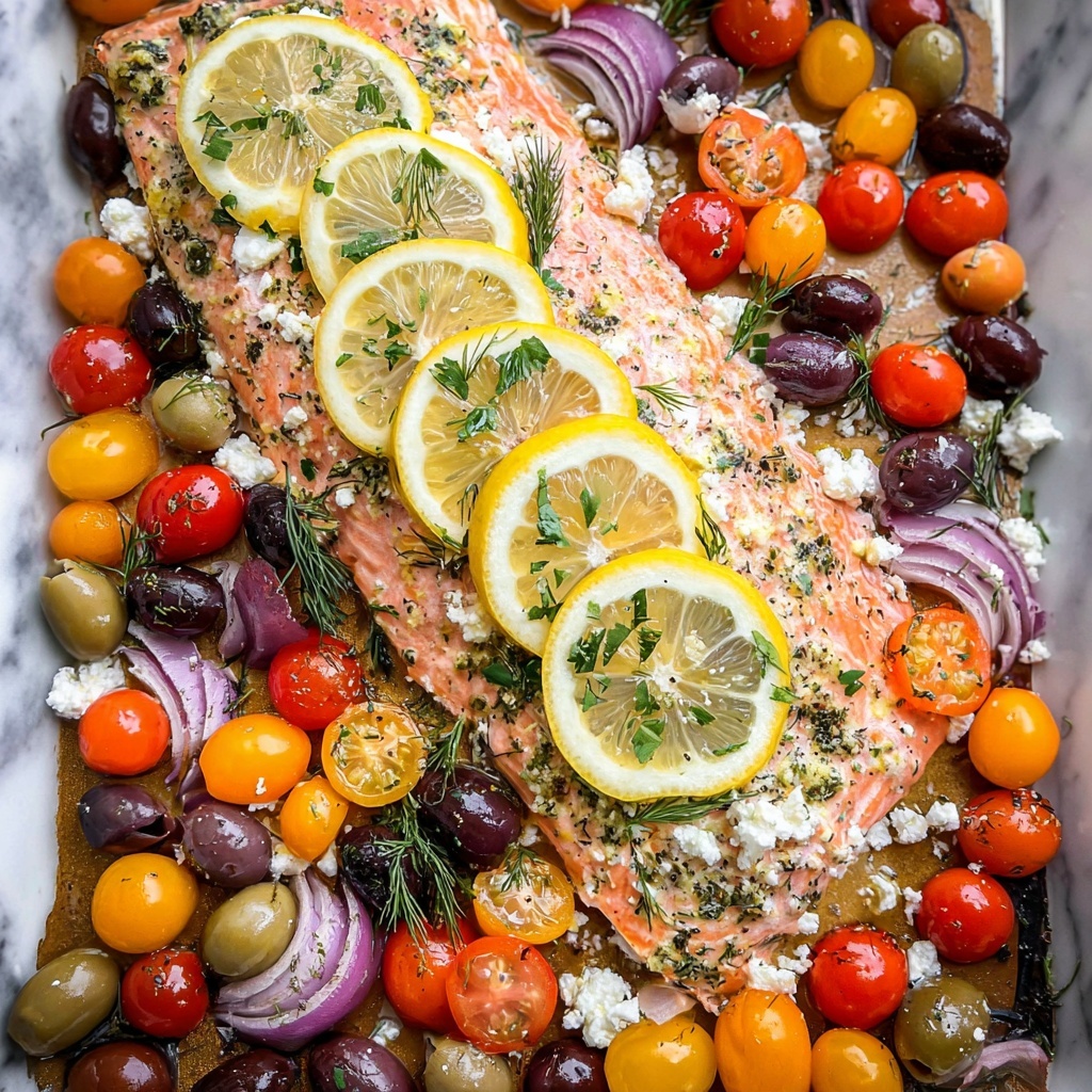 Greek Salmon with Cherry Tomatoes, Olives, Feta, and Fresh Dill Recipe - Recipe Image