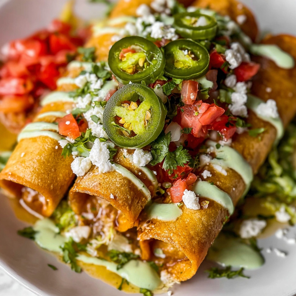 Chicken and Salsa Verde Flautas with Avocado Cream Recipe - Recipe Image