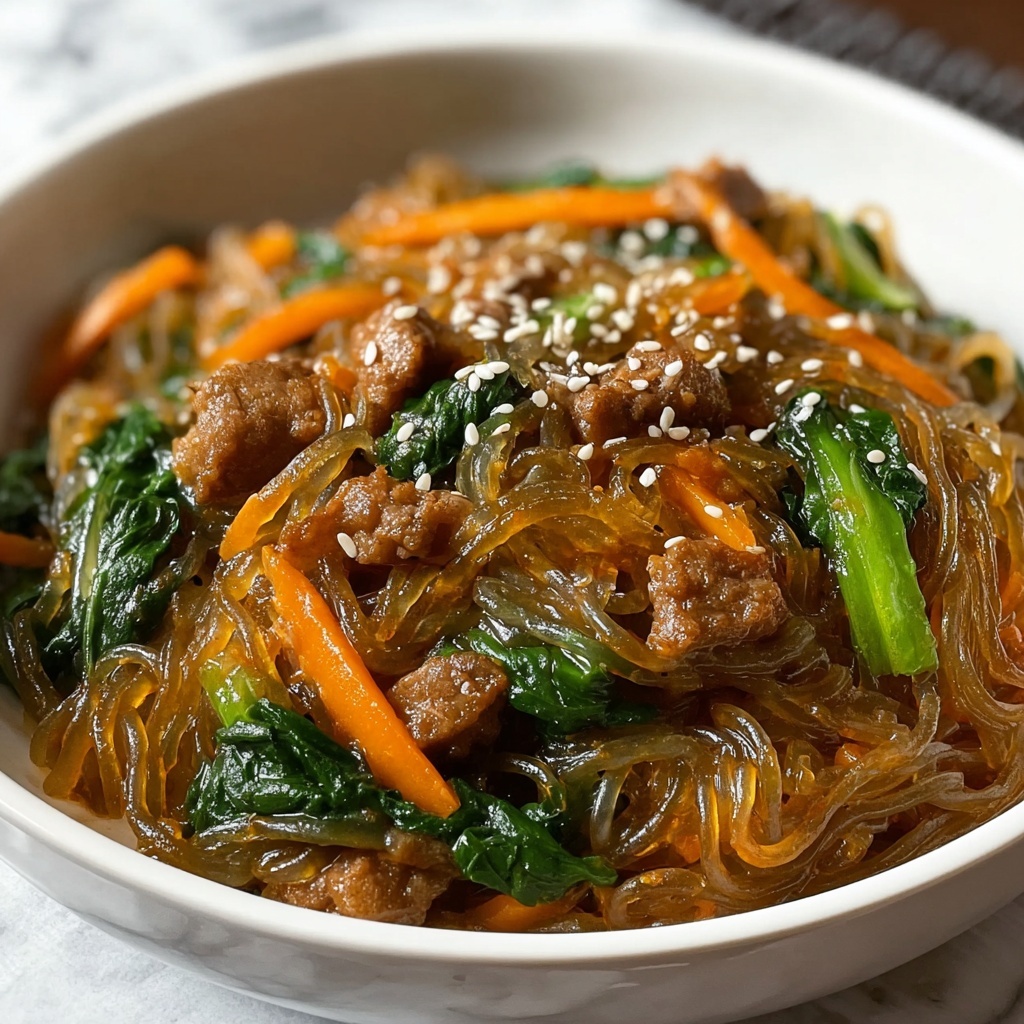 Japchae (Korean Stir-Fried Glass Noodles with Beef and Vegetables) Recipe - Recipe Image