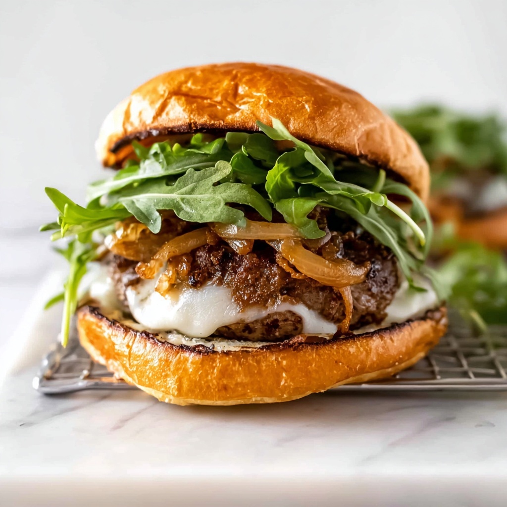 Mushroom Swiss Burgers with Caramelized Onions and Balsamic Glaze Recipe - Recipe Image