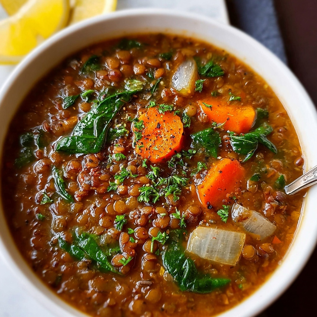 Vegetarian Lentil Soup with Spices, Vegetables, and Fresh Greens Recipe - Recipe Image