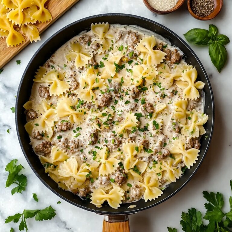 Beef and Bowtie Pasta with Alfredo Sauce Recipe