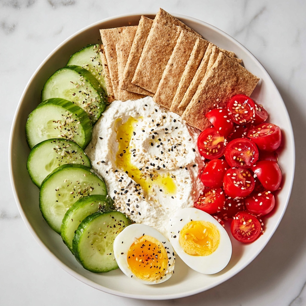Savory Yogurt Bowl with Egg, Cucumber, Cherry Tomatoes, and Whole Wheat Crackers Recipe - Recipe Image