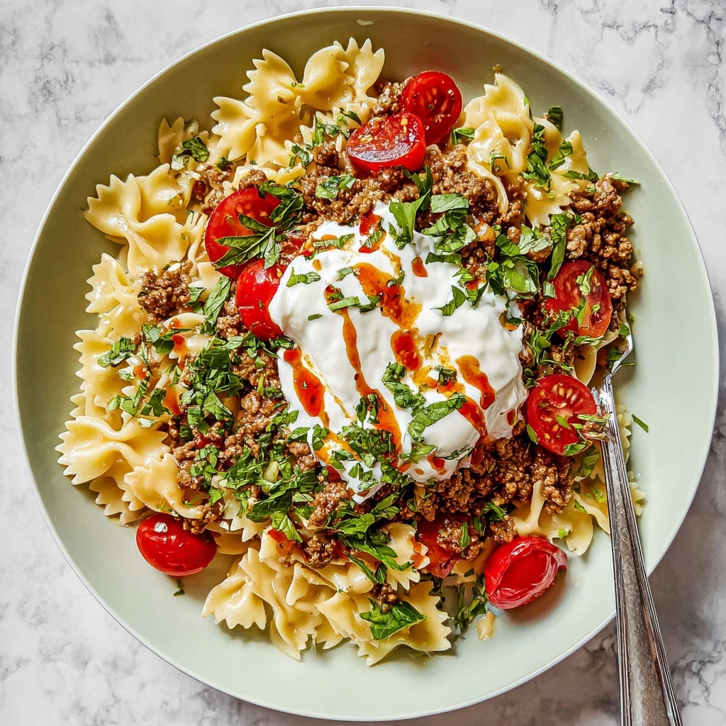 Turkish Pasta with Spiced Ground Meat and Yogurt Sauce Recipe - Recipe Image