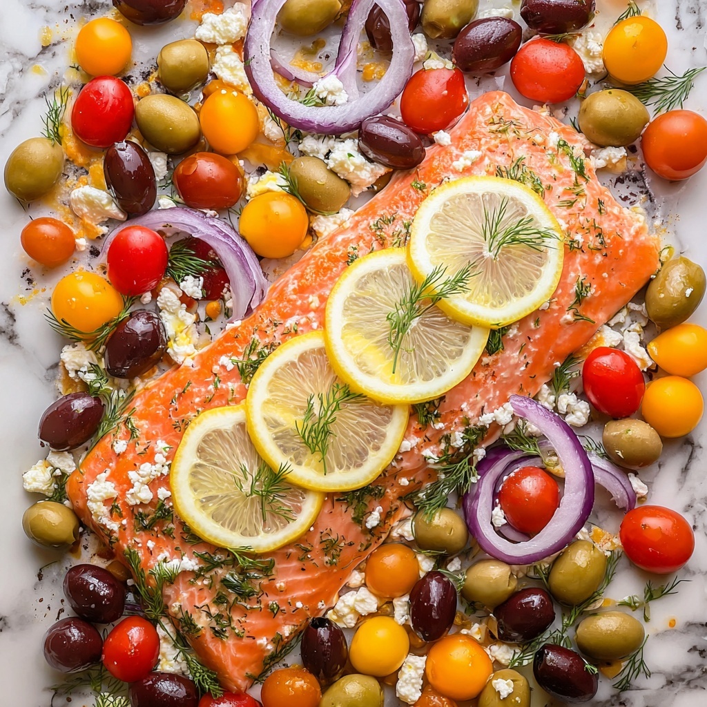 Greek Salmon with Cherry Tomatoes, Olives, Feta, and Fresh Dill Recipe - Recipe Image