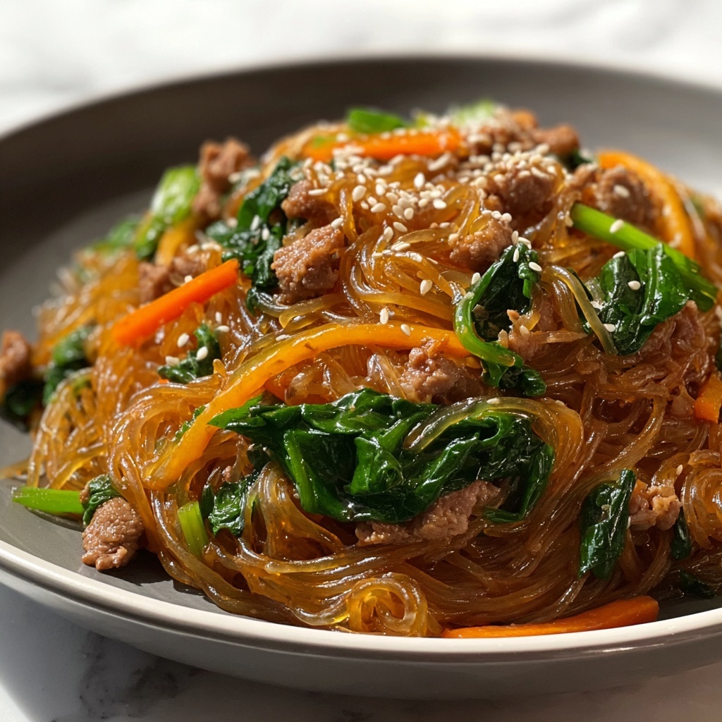 Japchae (Korean Stir-Fried Glass Noodles with Beef and Vegetables) Recipe - Recipe Image