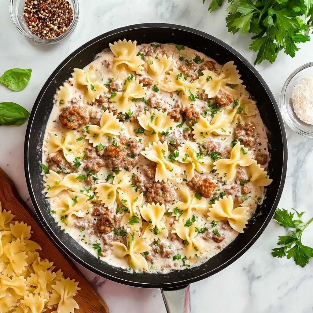 Beef and Bowtie Pasta with Alfredo Sauce Recipe - Recipe Image