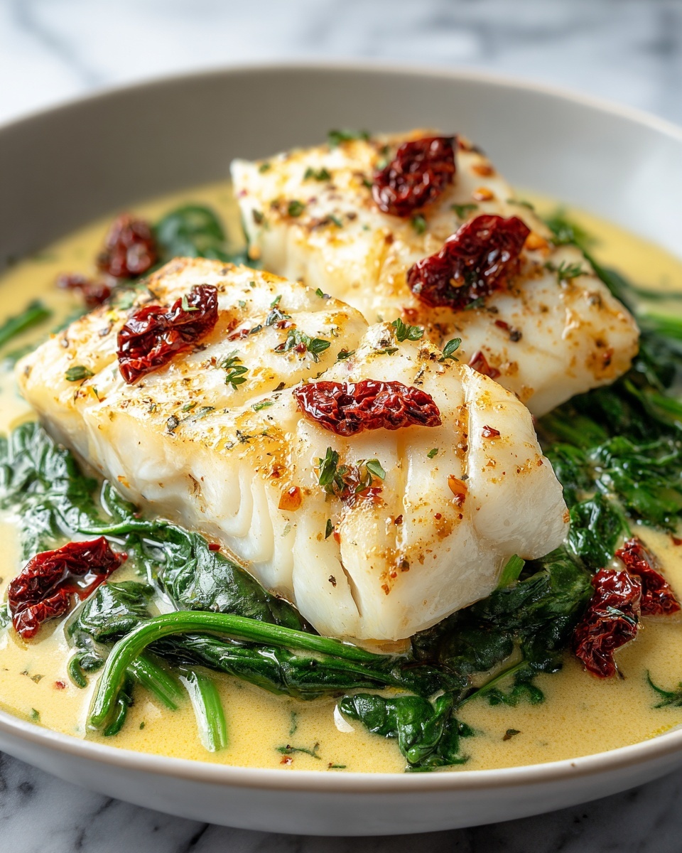 Creamy Keto Tuscan Cod with Spinach and Sun-Dried Tomatoes Recipe - Recipe Image
