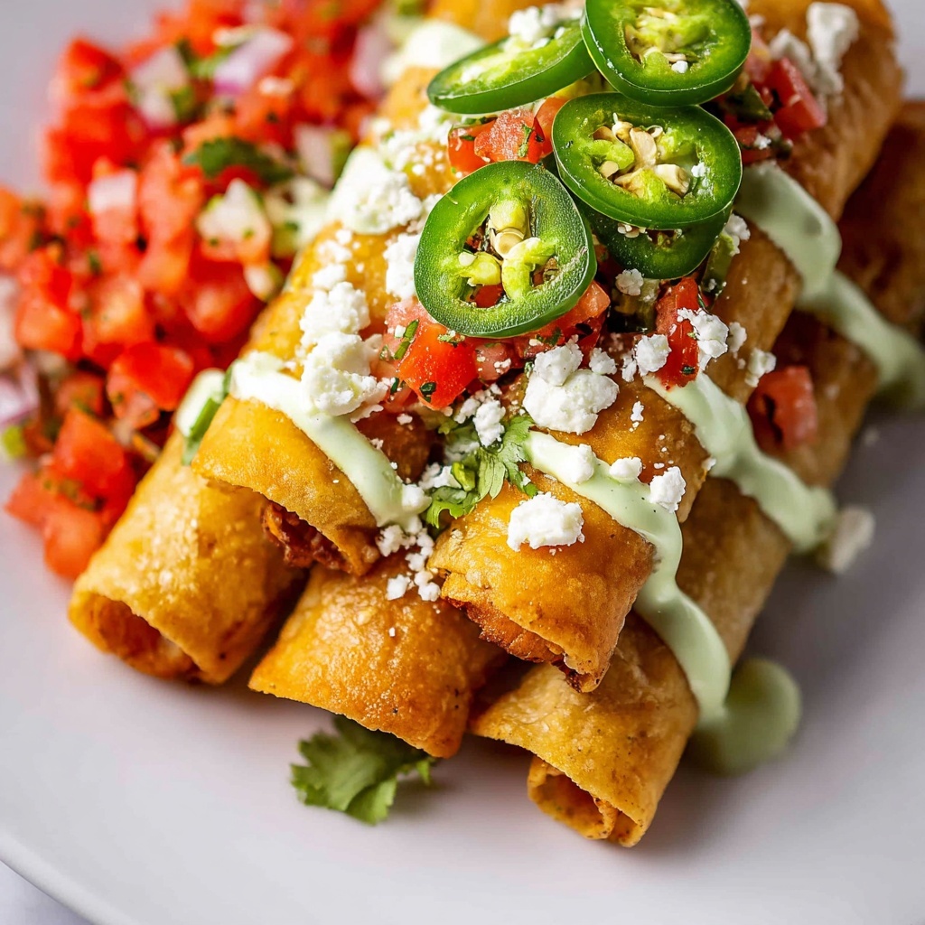 Chicken and Salsa Verde Flautas with Avocado Cream Recipe - Recipe Image