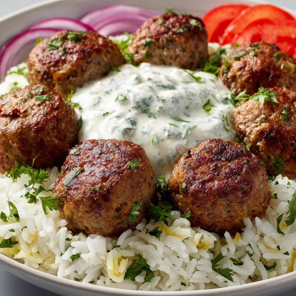 Greek Meatball Bowl with Tzatziki, Rice & Fresh Veggies Recipe - Recipe Image