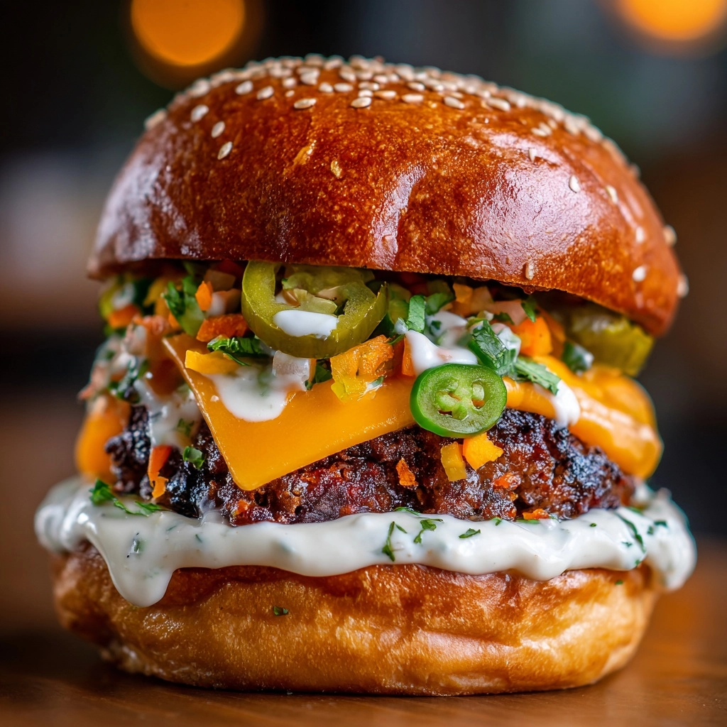 Double-Decker Jalapeño Popper Smash Burger with Ranch Drizzle Recipe - Recipe Image