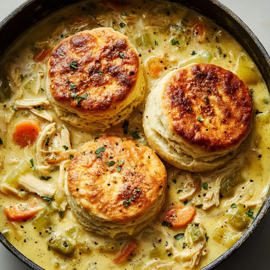 Skillet Chicken Pot Pie with Parmesan Herb Butter Biscuits Recipe - Recipe Image