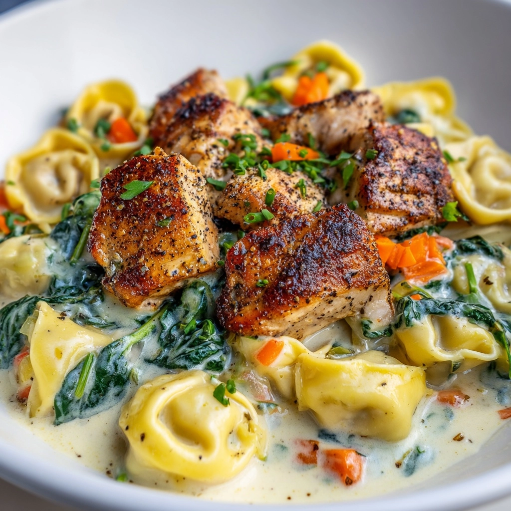 Cheesy Garlic Parmesan Chicken Tortellini with Spinach in Creamy Sauce Recipe - Recipe Image