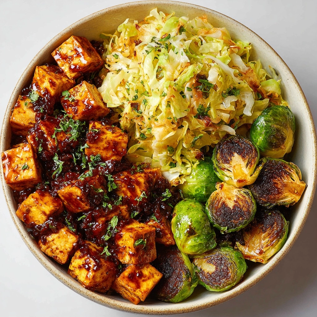 Pan-Fried Sticky Garlic Tofu with Oven-Roasted Brussels Sprouts Recipe - Recipe Image