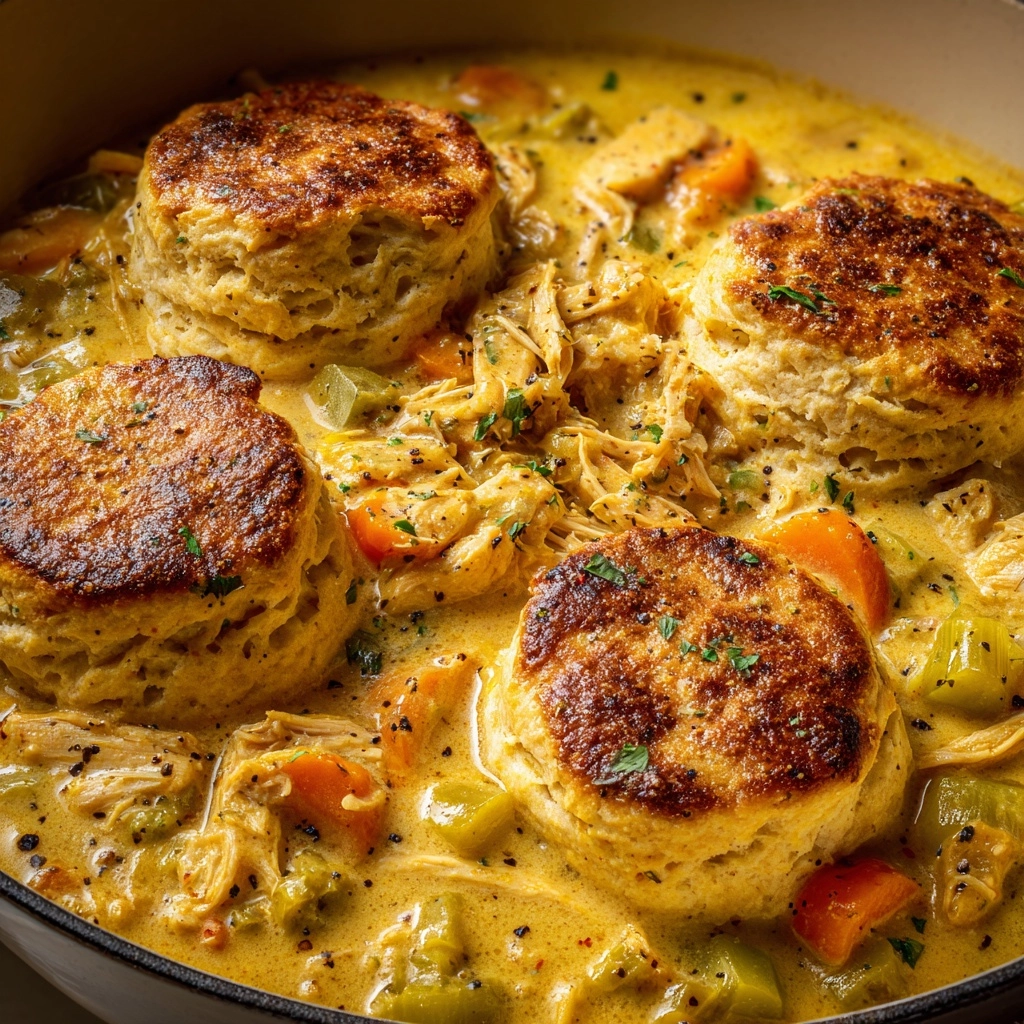 Skillet Chicken Pot Pie with Parmesan Herb Butter Biscuits Recipe - Recipe Image