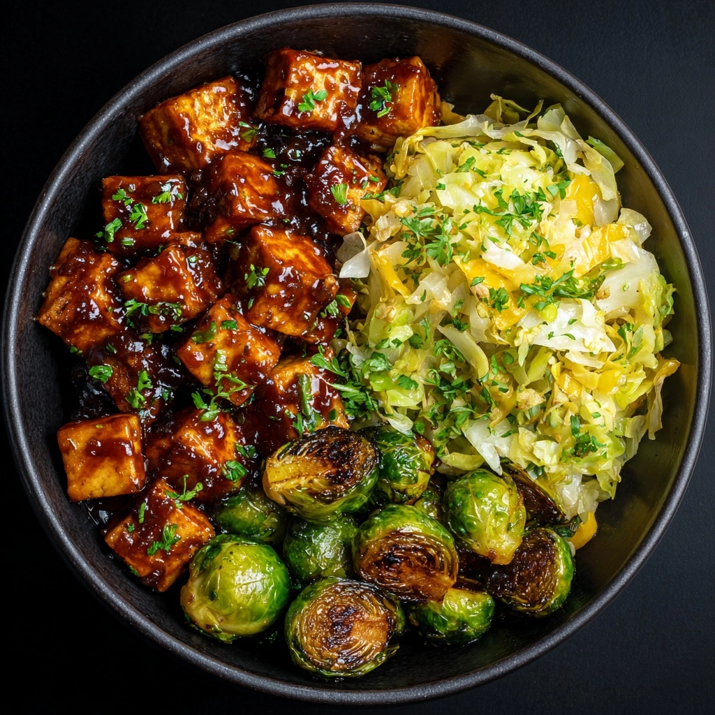 Pan-Fried Sticky Garlic Tofu with Oven-Roasted Brussels Sprouts Recipe - Recipe Image
